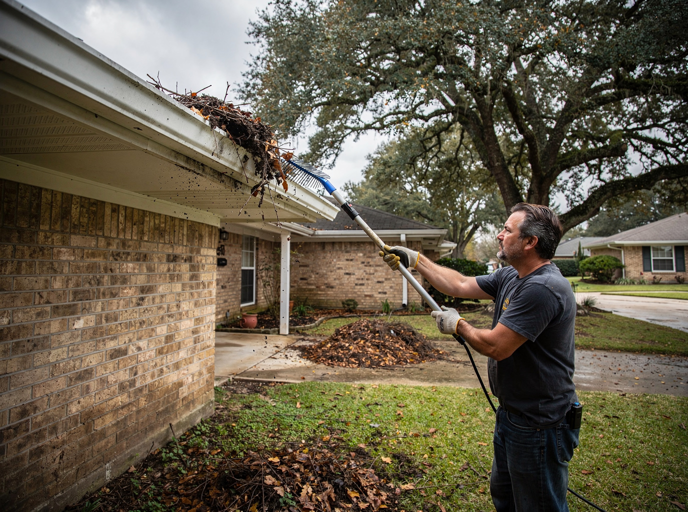 Clearing Live Oak Debris From Houston Gutters Without A Ladder